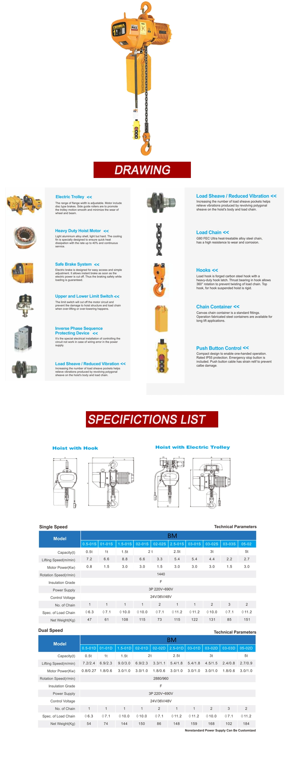 3t High Grade Electric Chain Hoist Trolley with Fixed Hook